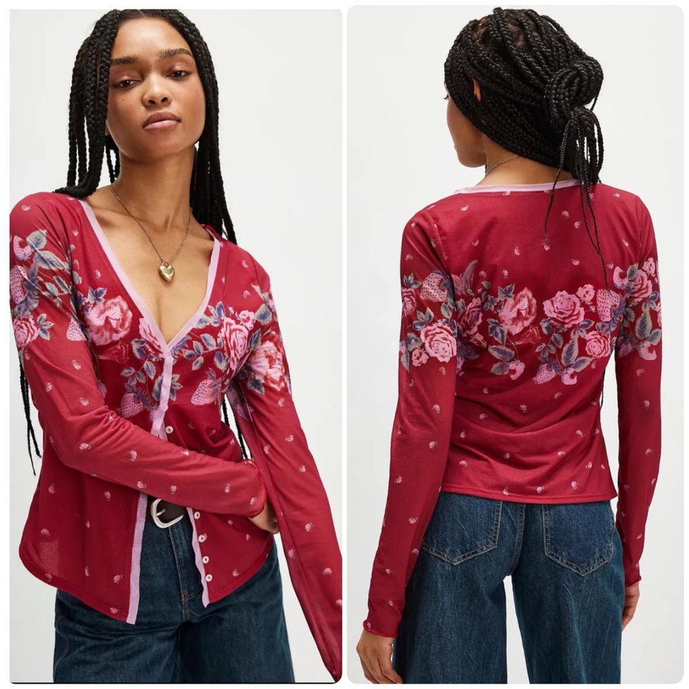 NEW Size Medium Free People Home Grown Mesh Printed Cardigan Magenta Pink Combo